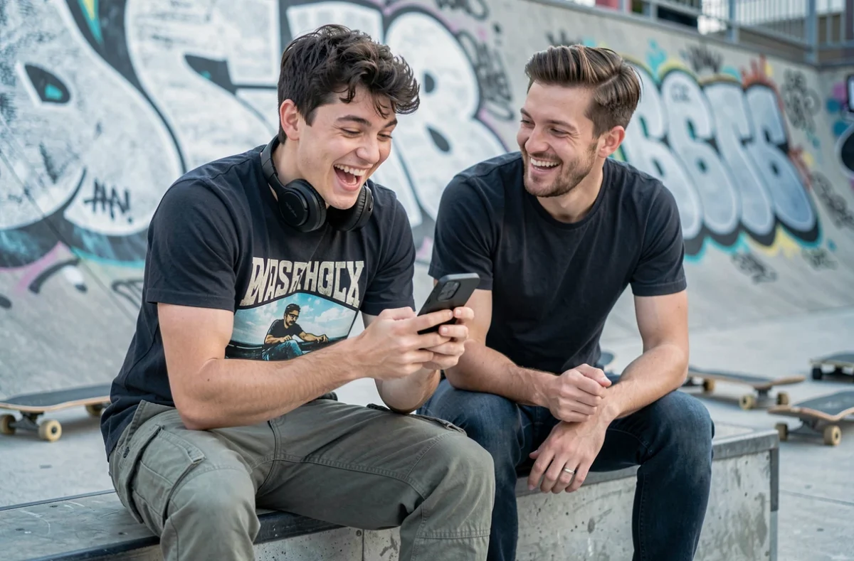 Jeune homme avec écouteurs dans un skatepark partageant un son banger sur son téléphone avec un ami