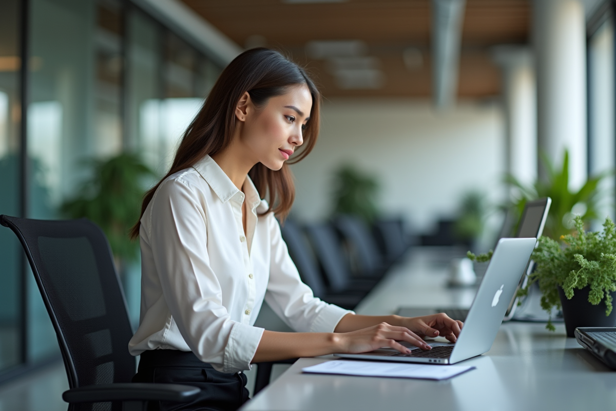 Jeune femme professionnelle examinant des CV sur son ordinateur