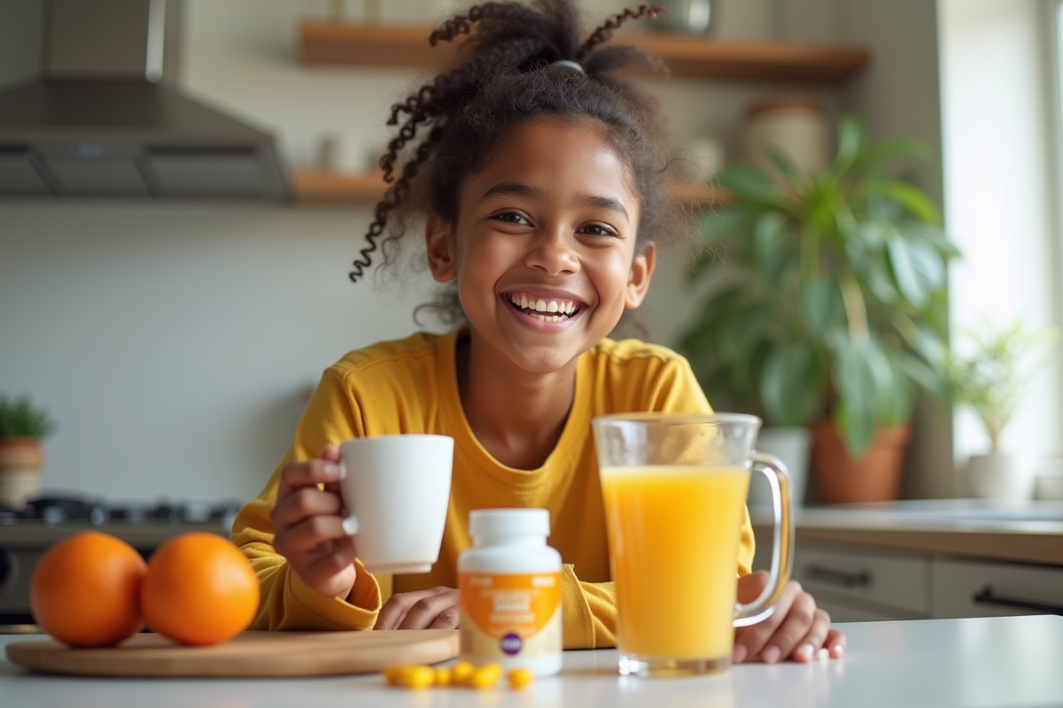 Jeune adulte souriant avec petit déjeuner vitaminé