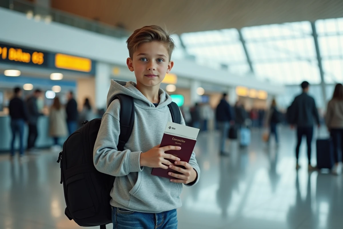 Jeune garçon avec passeport dans un aéroport animé