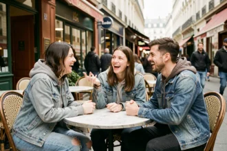 Groupe de jeunes adultes en terrasse de café utilisant l'expression banger dans une conversation animée