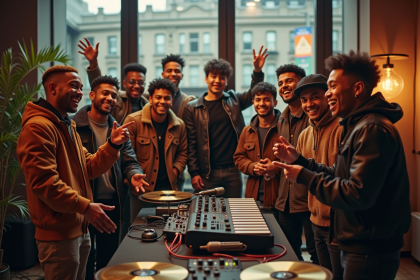 Groupe de jeunes hommes dans un studio de musique moderne