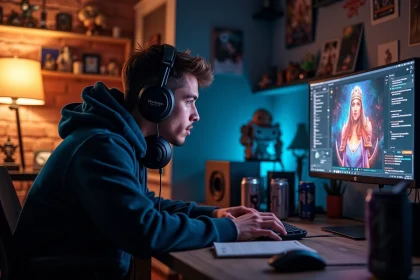 Joueur concentré face à un écran de jeu RPG avec des notes de quête sur son bureau, illustrant les erreurs à éviter dans une première quête Dofus Pourpre
