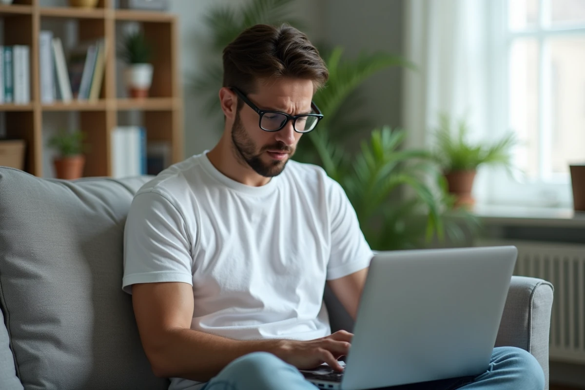 Joueur frustré consultant un guide de quête RPG sur son ordinateur portable dans un salon moderne, cherchant à corriger ses erreurs sur la quête Dofus Pourpre