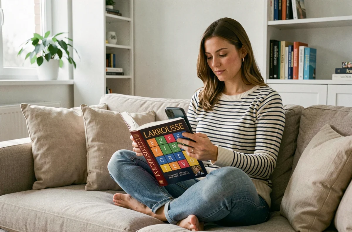 Femme sur un canapé comparant un dictionnaire Larousse et son smartphone pour jouer à un jeu de mots en ligne