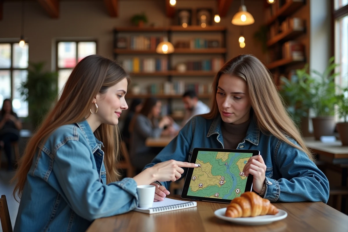 Deux joueuses collaborant sur une tablette avec une carte de quête RPG dans un café, stratégisant pour éviter les erreurs courantes d'une quête Dofus Pourpre