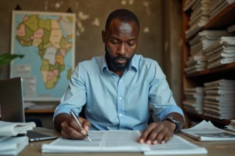 Journaliste congolais relisant un article dans une salle de rédaction à Kinshasa, symbolisant la liberté de la presse au Congo