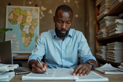 Journaliste congolais relisant un article dans une salle de rédaction à Kinshasa, symbolisant la liberté de la presse au Congo