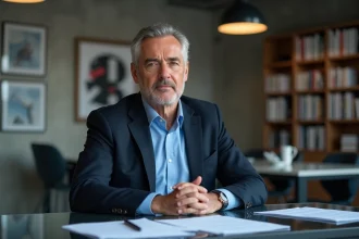 Journaliste français en costume dans une salle de presse moderne