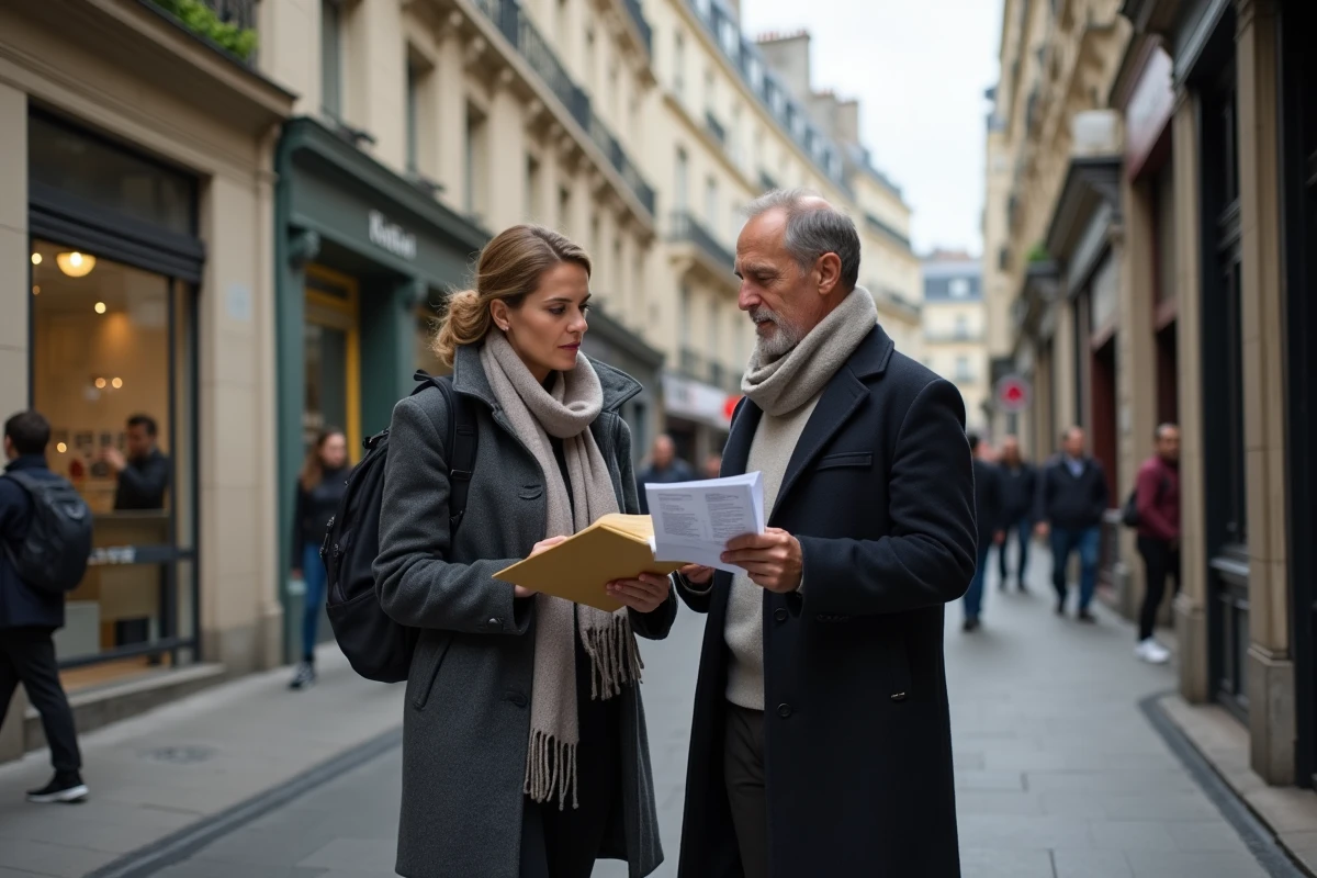 Deux journalistes parisiens discutant dans la rue