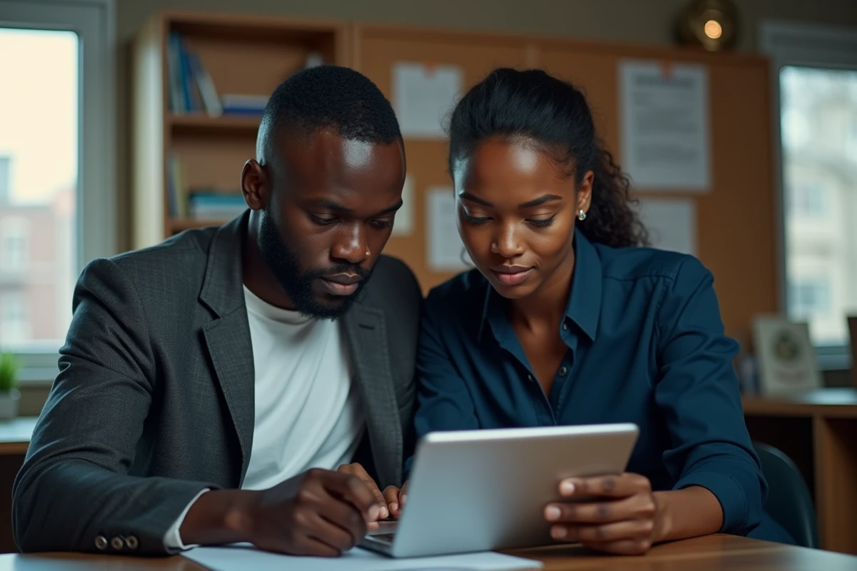 Deux journalistes congolais discutant d'un article sur tablette dans les locaux d'une presse indépendante à Kinshasa