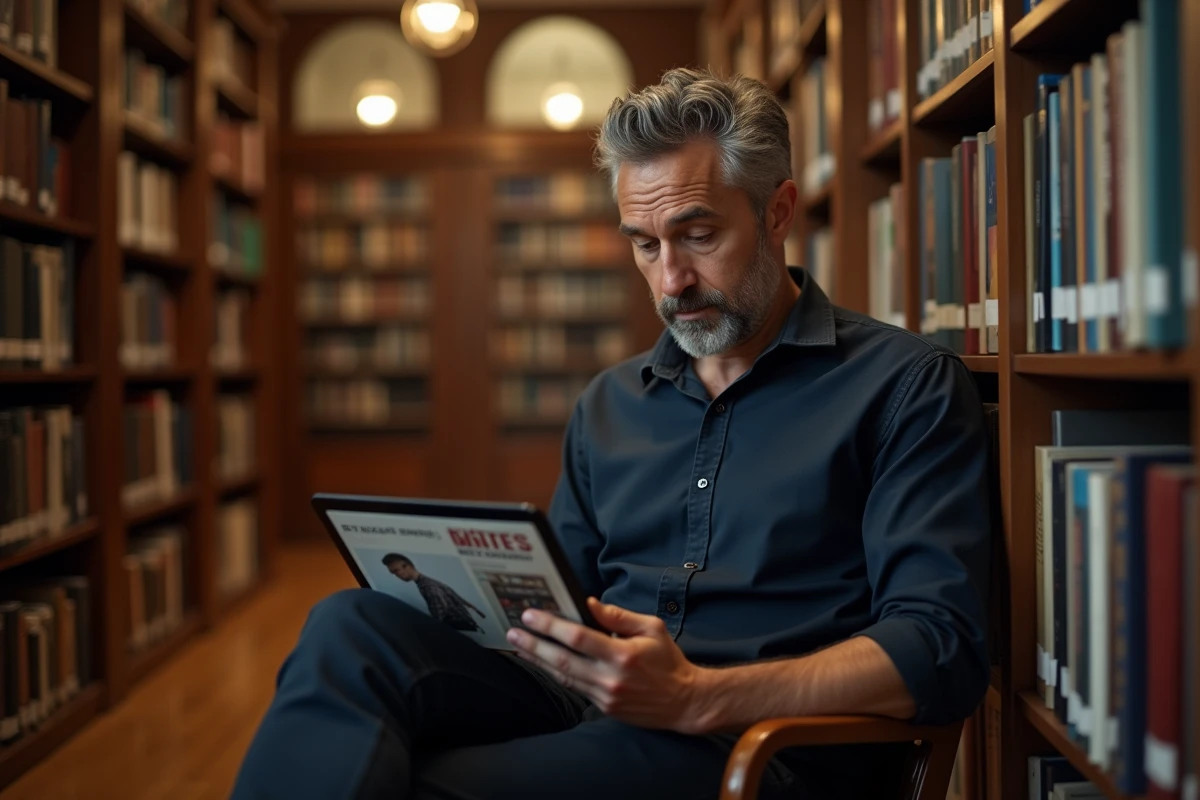 Homme lisant un magazine numérique sur tablette dans une bibliothèque publique