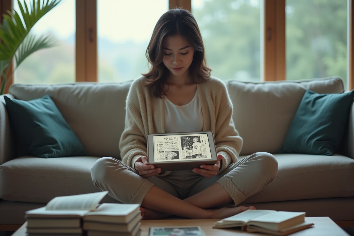 Femme lisant un scan manga en version française sur tablette en comparant avec la version originale japonaise dans un salon