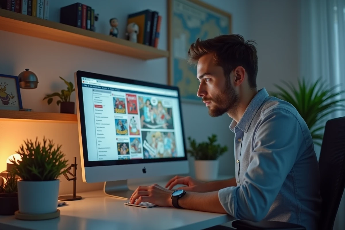 Homme adulte lisant la version française du scan One Piece 1149 sur un ordinateur dans un bureau à domicile
