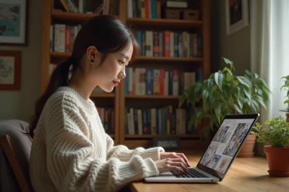 Jeune femme lisant des manhwas BL sur un ordinateur portable dans sa chambre cosy, illustrant la lecture de yaoi en ligne en toute tranquillité
