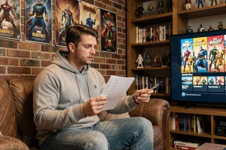Homme consulant une liste chronologique des films Marvel assis dans un salon décoré d'affiches de super-héros