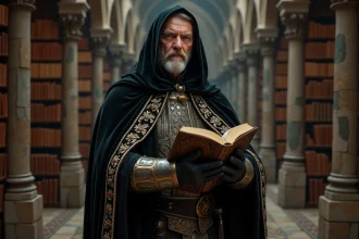 Magicien ancien dans une bibliothèque mystérieuse