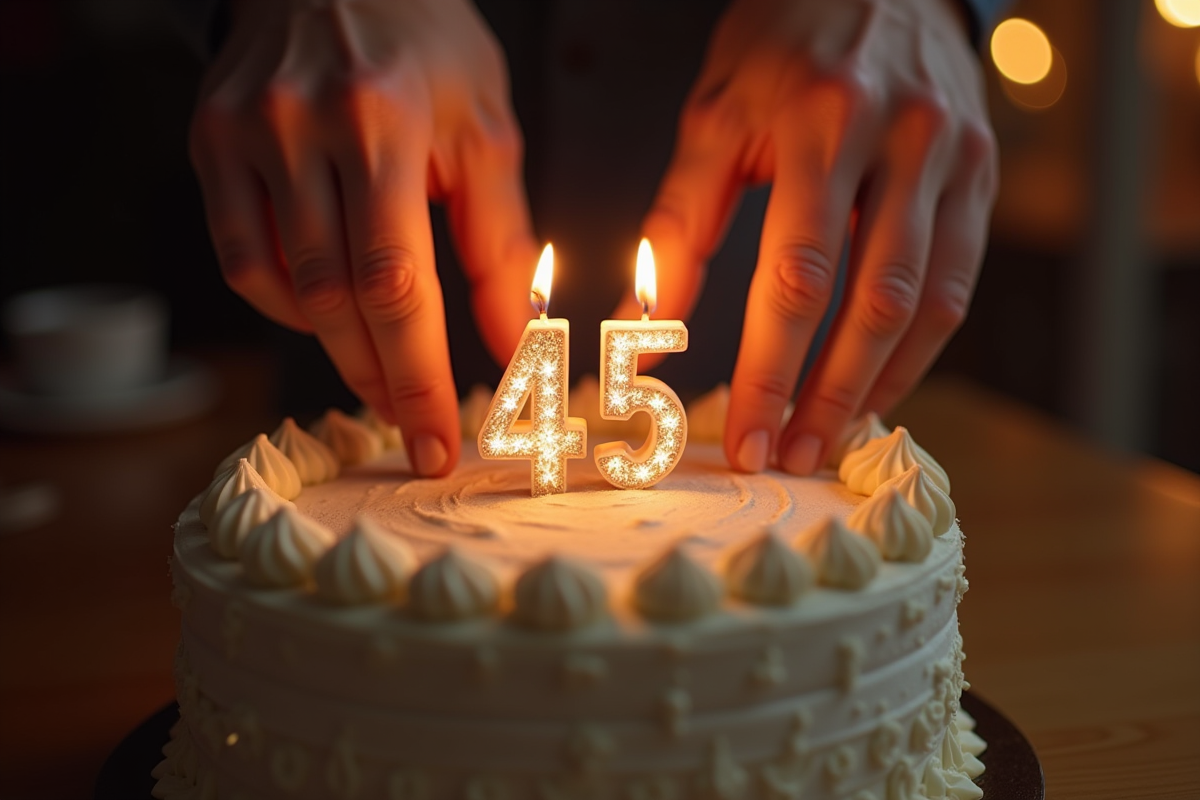 Mains soignees touchant un gateau d anniversaire avec bougies scintillantes