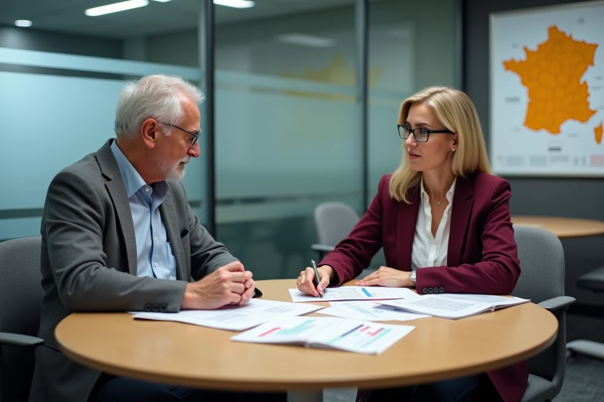 Maire et adjoint en réunion de travail autour de documents budgétaires, symbolisant la gestion des indemnités dans les collectivités locales