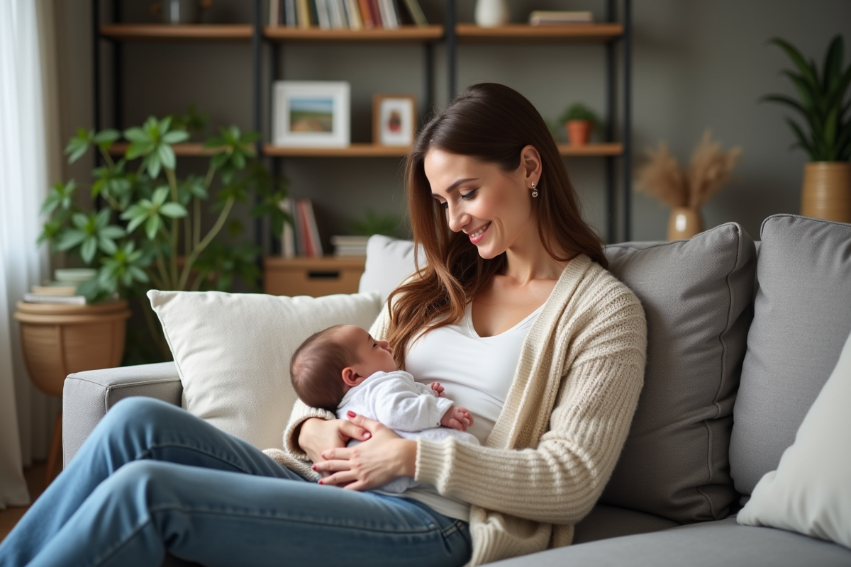 Femme souriante avec bébé dans un salon chaleureux