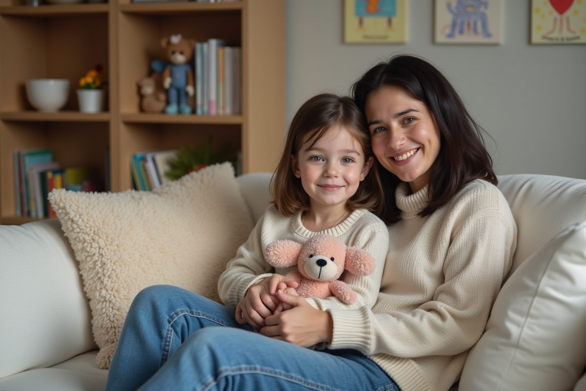 Femme et fille souriantes dans un salon chaleureux