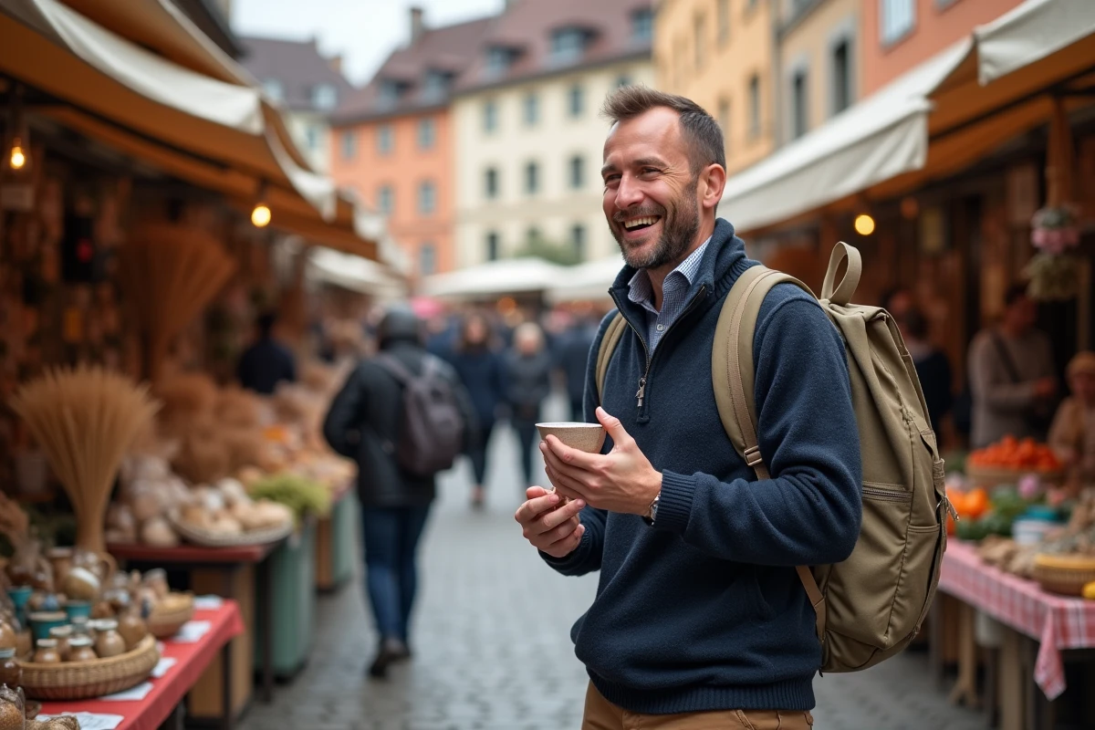 Homme explorant un marché en plein air gratuit à Strasbourg place du marché aux fleurs