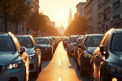 Rue animée en matinée dans une ville française avec trafic et piétons