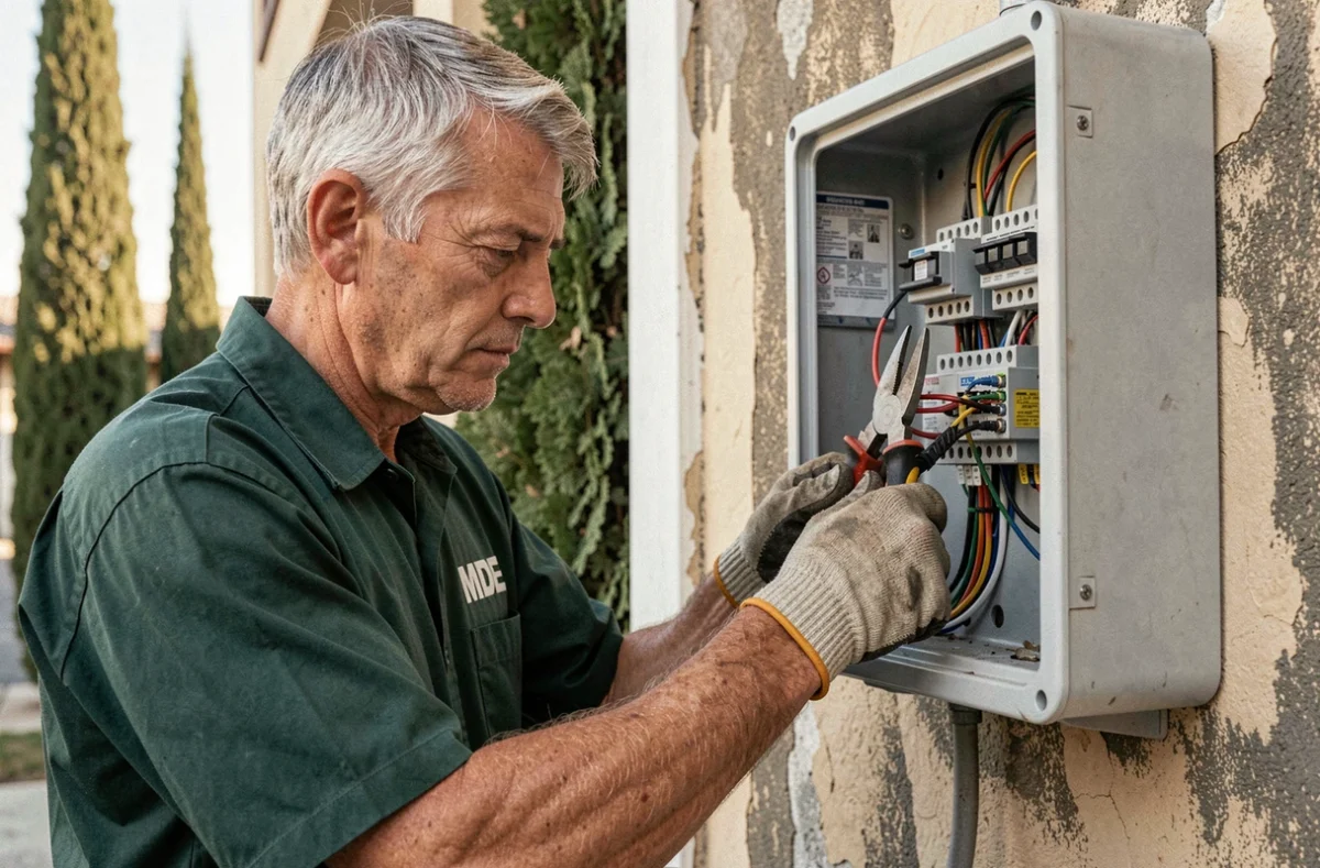 Électricien de MDE Électricité raccordant des câbles dans une armoire électrique extérieure d'un bâtiment commercial