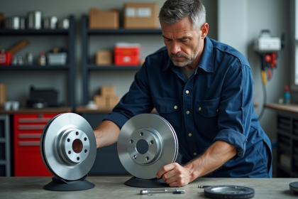 Mécanicien vérifiant deux disques de frein sur un établi