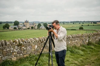 Photographe professionnel réglant son appareil photo en plein air dans la campagne de la Sarthe, avec un village historique en arrière-plan