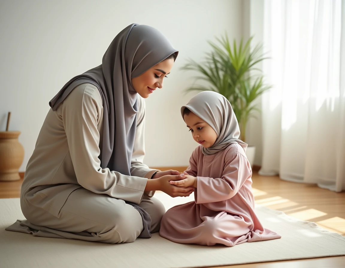 Mère musulmane enseignant le tayammum à sa fille en guidant ses mains sur une surface en argile naturelle