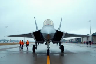 Vue de profil complète d'un chasseur Mirage 2026 sur le tarmac lors d'un salon aéronautique, avec livrée biton grise et cocarde tricolore