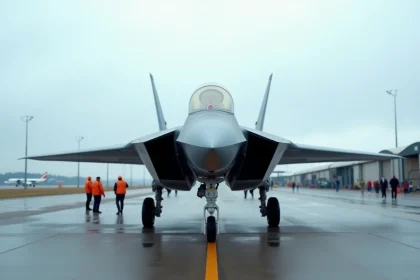Vue de profil complète d'un chasseur Mirage 2026 sur le tarmac lors d'un salon aéronautique, avec livrée biton grise et cocarde tricolore
