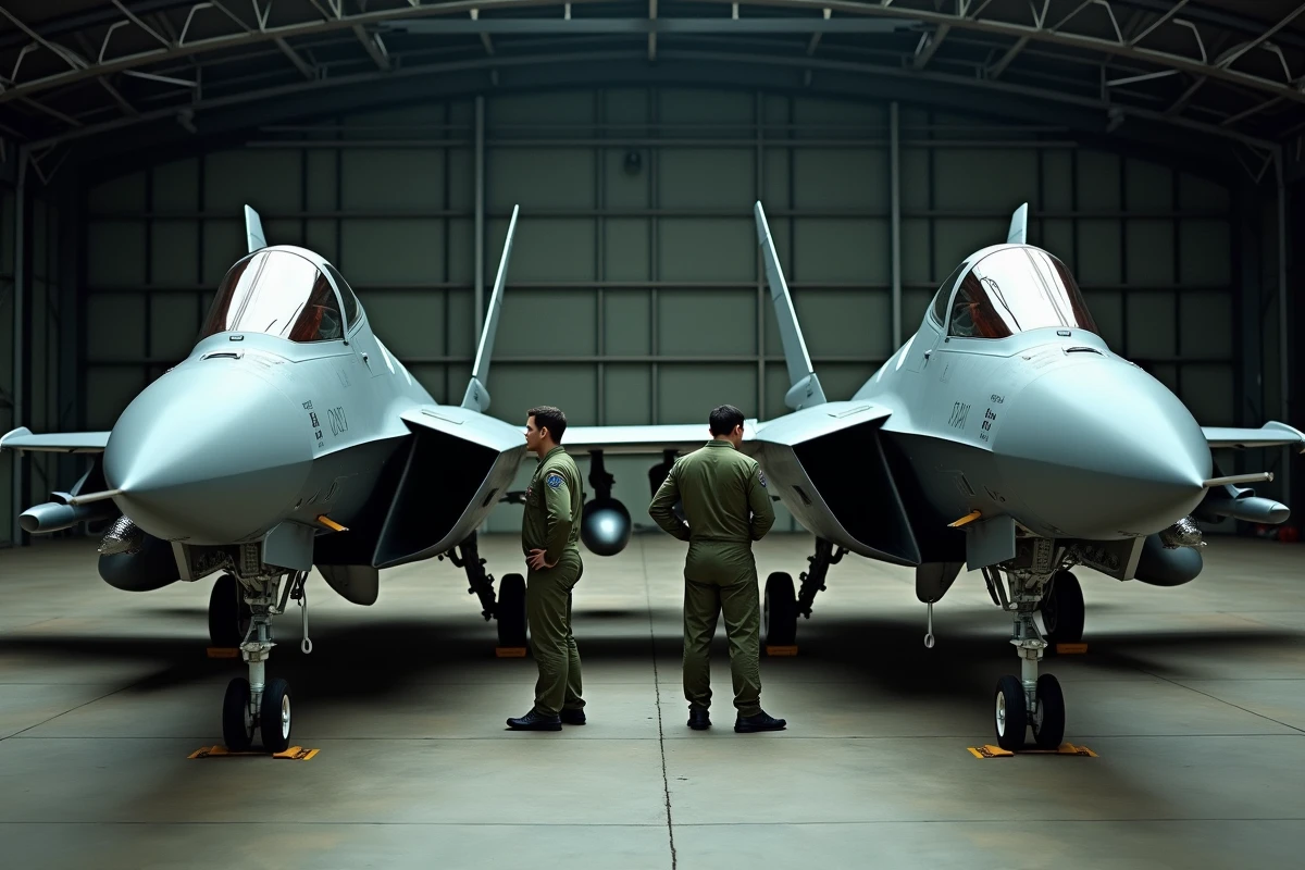 Deux variantes du Mirage 2026 côte à côte dans un hangar militaire, permettant la comparaison visuelle des différences de configuration