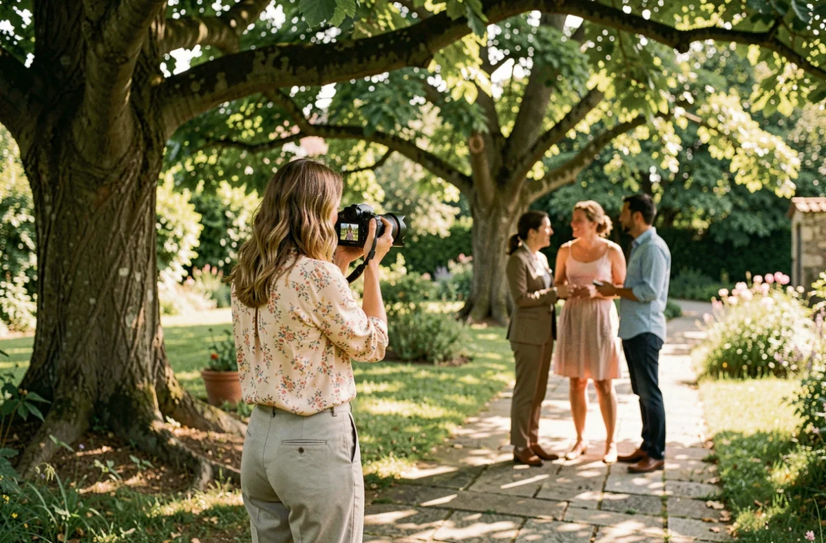 Morgane Lhotellier photographiant un couple en portrait en extérieur dans un jardin français verdoyant avec des arbres et un chemin en pierre