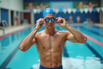 Jeune nageur masculin en compétition au bord de la piscine