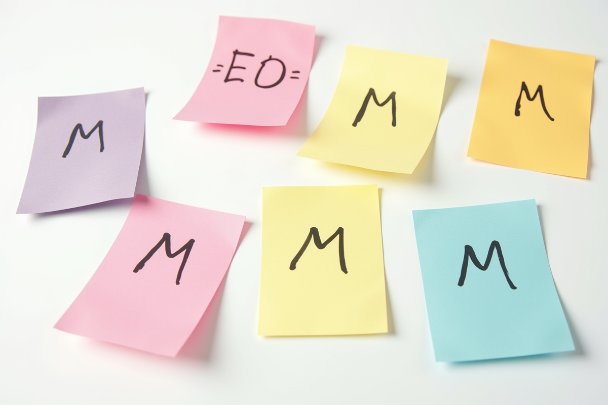 Notes colorées avec noms M écrits à la main sur surface blanche