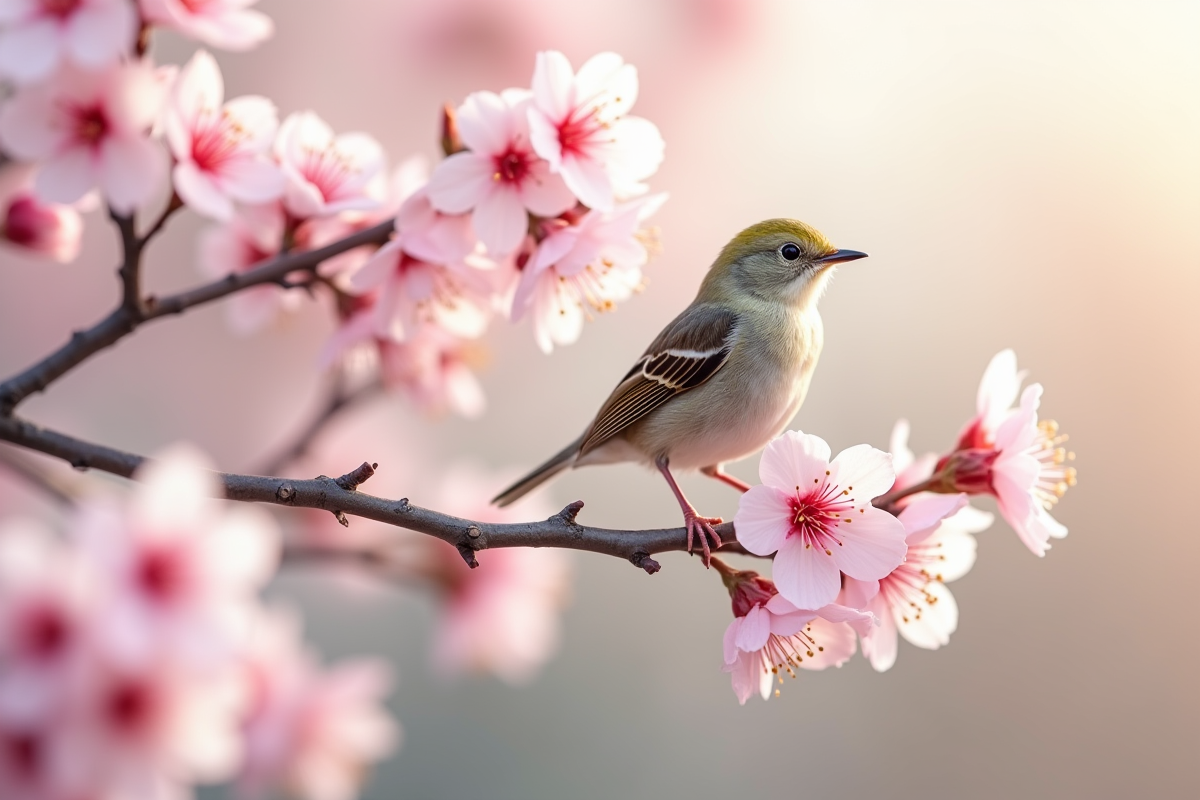 Oiseau uguisu sur branche de cerisier au printemps
