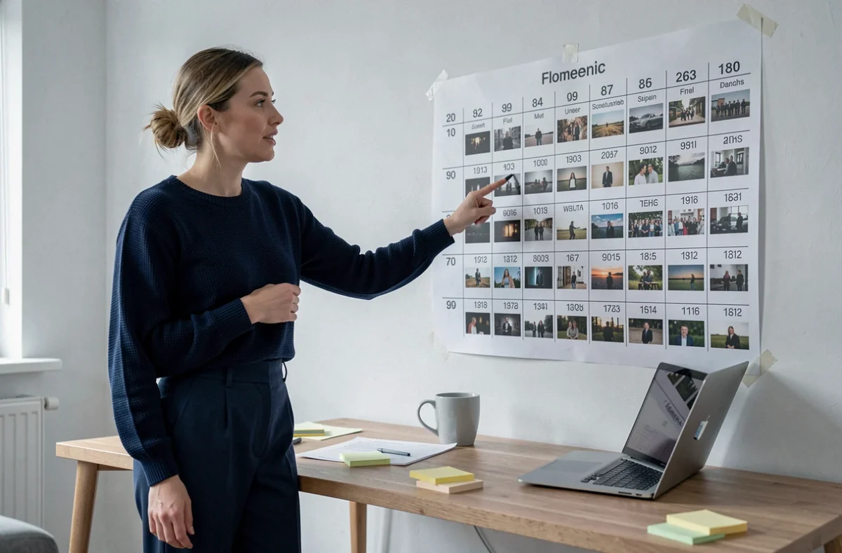 Femme expliquant l'ordre chronologique des films Marvel devant un tableau mural dans un bureau à domicile