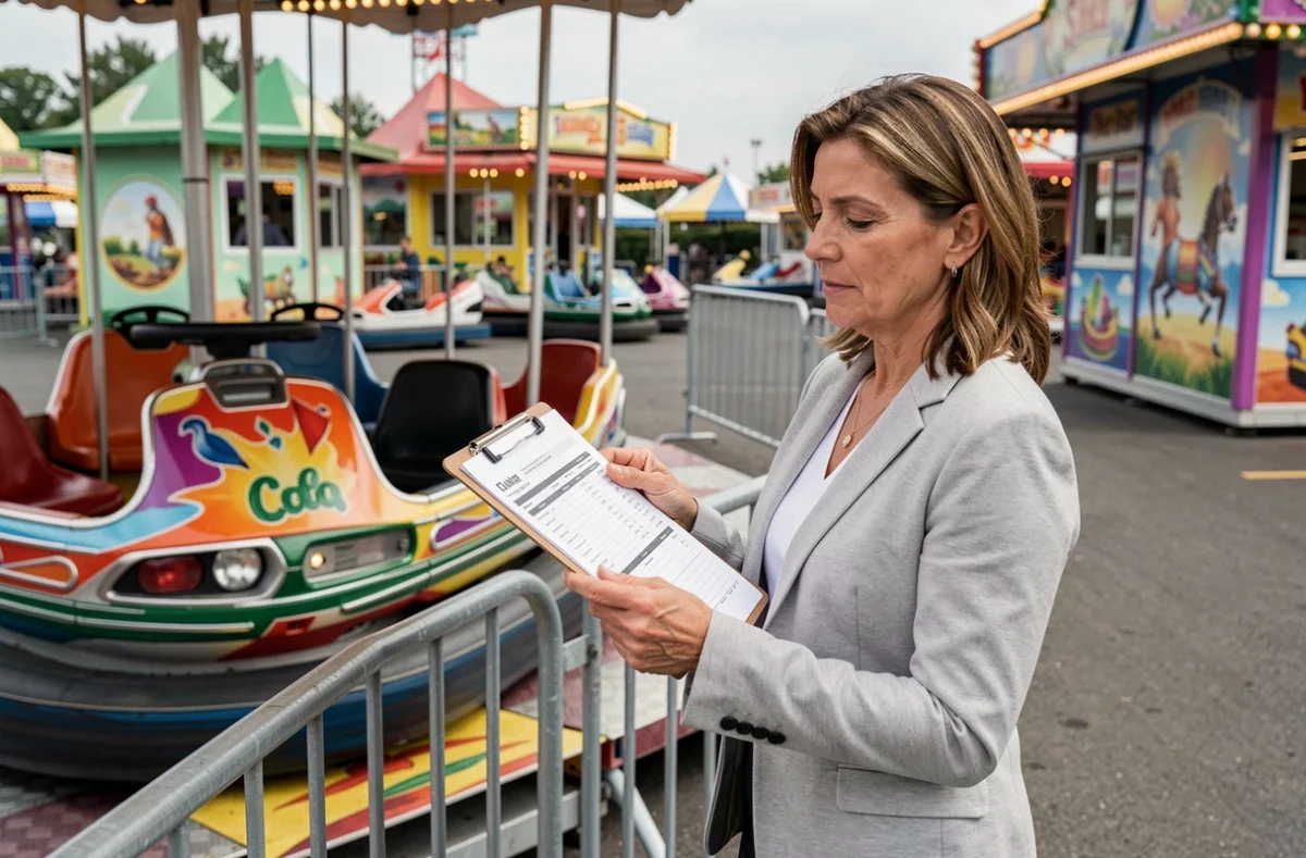 Organisatrice d'événements consultant un devis d'auto tamponneuse sur un site de fête foraine