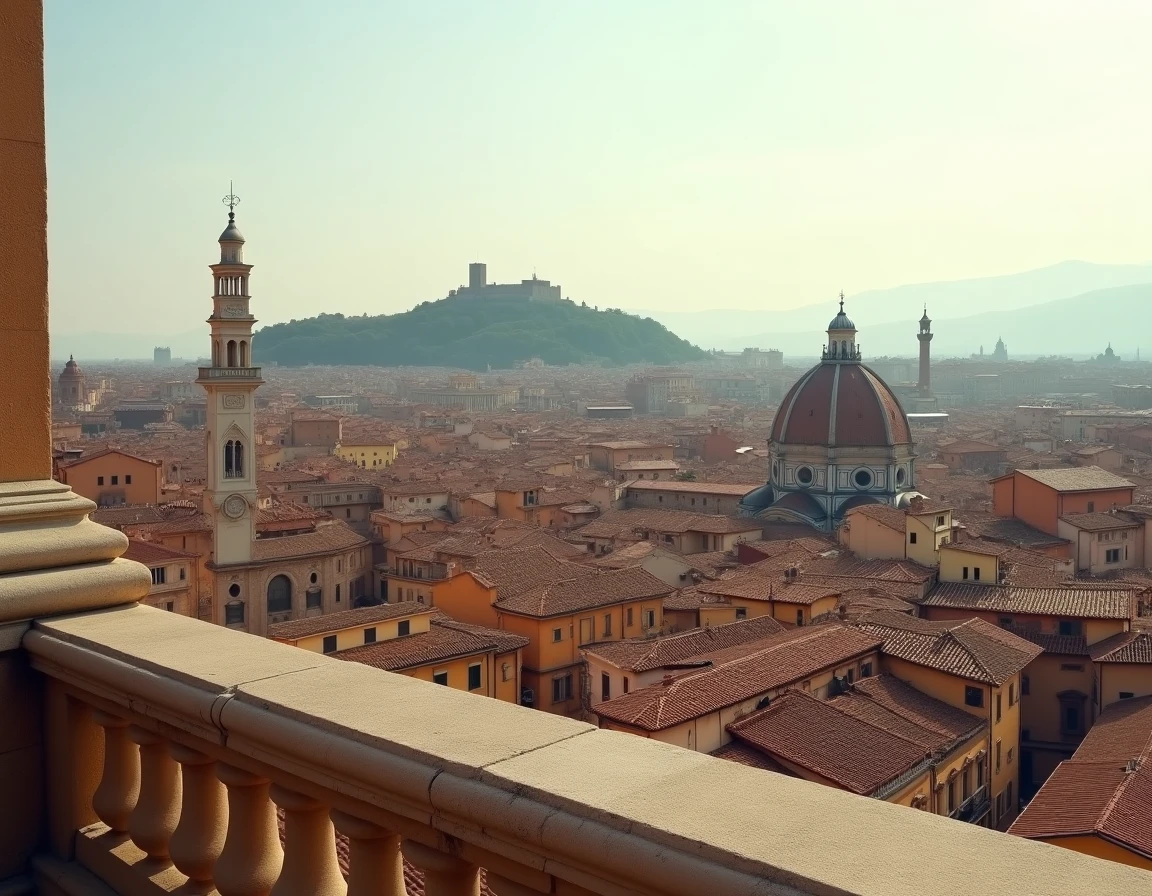 Vue panoramique sur les toits en tuiles d'une ville historique italienne avec clochers et dômes d'église