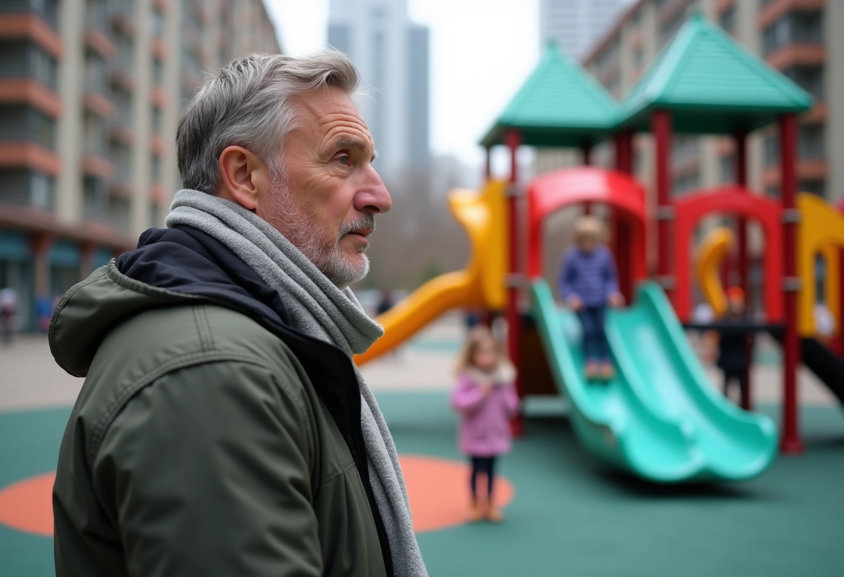 Homme regardant sa fille jouer dans un parc urbain