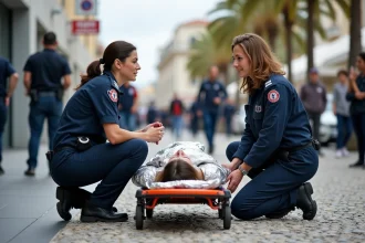 Deux ambulancières parlent à une jeune femme à Cannes