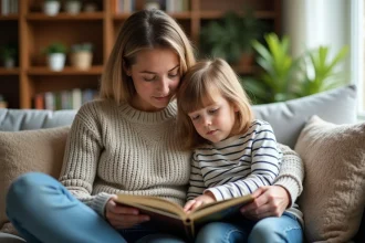 Parent expliquant calmement un concept émotionnel à un enfant assis sur un canapé avec un livre illustré