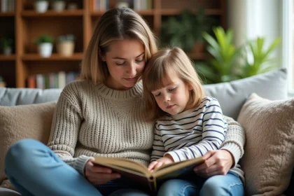 Parent expliquant calmement un concept émotionnel à un enfant assis sur un canapé avec un livre illustré