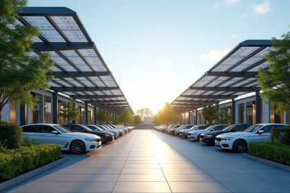 Parking moderne avec toits solaires élégants et végétation