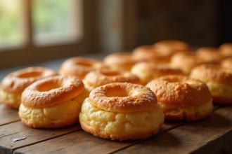 Gros plan sur des choux dorés avec craquelin sur une table en bois