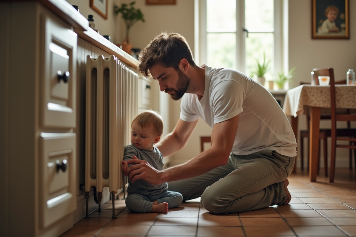 Pere ajustant le radiateur avec son enfant curieux