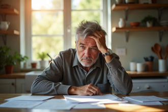 Personne inquiète assise à la table de cuisine avec papiers