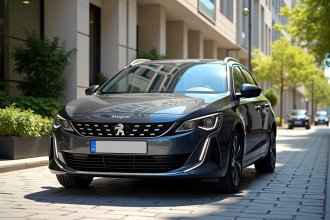 Peugeot 408 hybride en ville en journée lumineuse